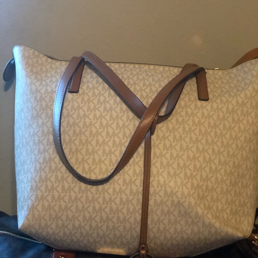 Michael Kors Cream Signature Logo Tote with Brown Trim